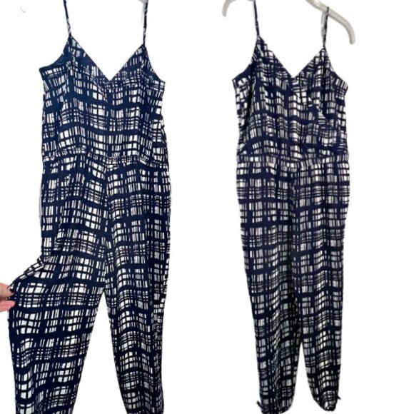 MADEWELL Navy & White Brushstroke Plaid Faux Wrap Cami Jumpsuit Size M - Picture 3 of 12